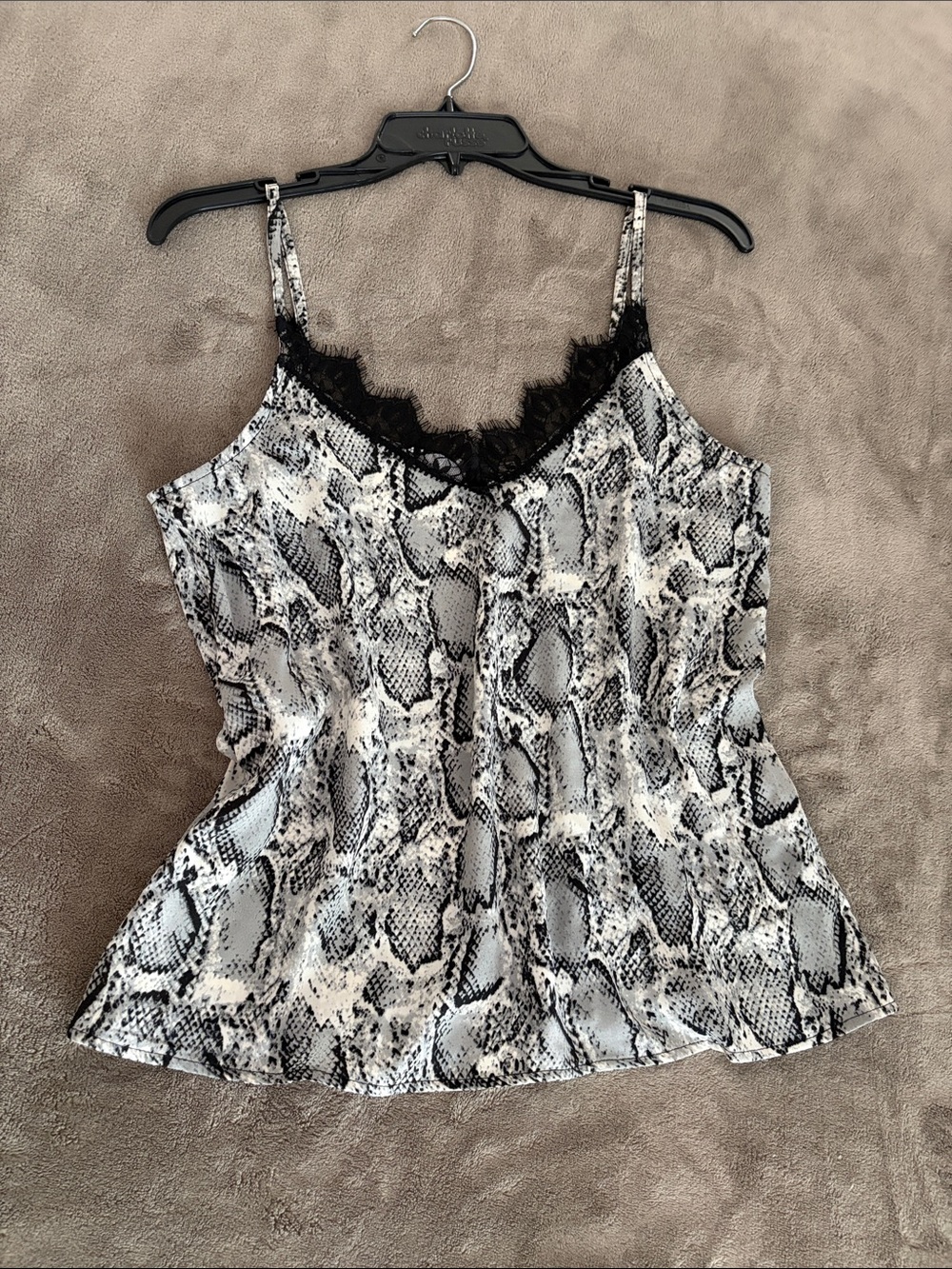 Snake-Print Lace Trim Satin Cami in Black, Silver, White! Adjustable straps! S/M